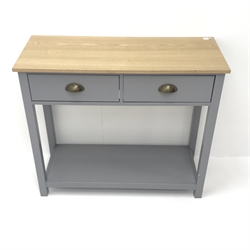  Contemporary oak finish side table, two drawers, square supports joined by single under shelf, W88cm, H76cm, D36cm  