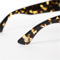 Gucci - pair of oversized round sunglasses, with gradient tinted lenses in a tortoiseshell-effect frame with blue and gold glitter inlay, the temples with interlocking gold-tone GG logo and bee motif, unused with original cloth and hard cases