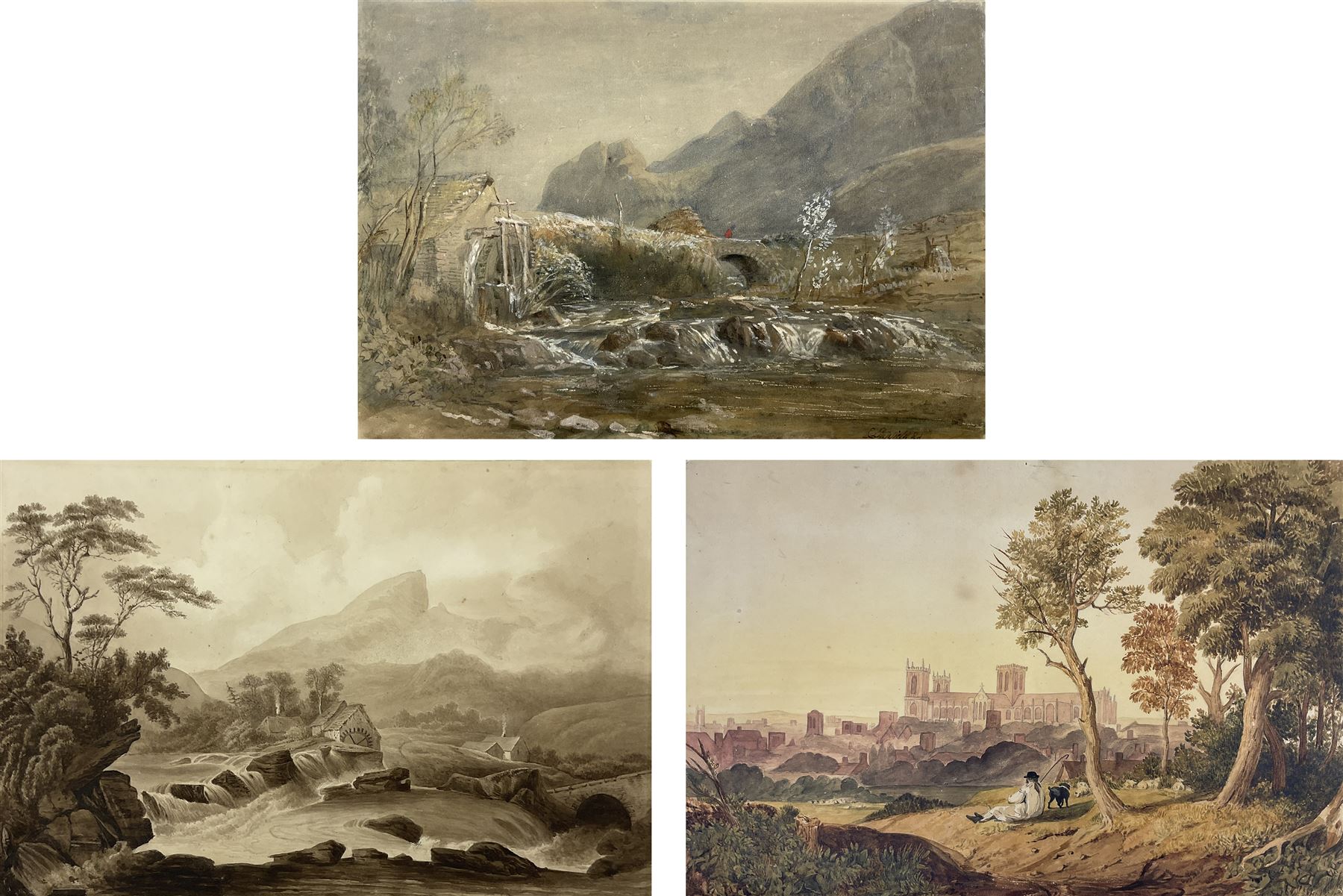Clarkson Frederick Stanfield RA RBA (British 1793-1867): Stone Bridge, watercolour signed 24cm x 34cm; English School (19th century): York Minster from the South-east, watercolour unsigned 32cm x 47cm; Circle of Francis Nicholson (British 1753-1844): 'Killin at the Head of Loch Tay', watercolour unsigned 24cm x 36cm (3) (unframed)