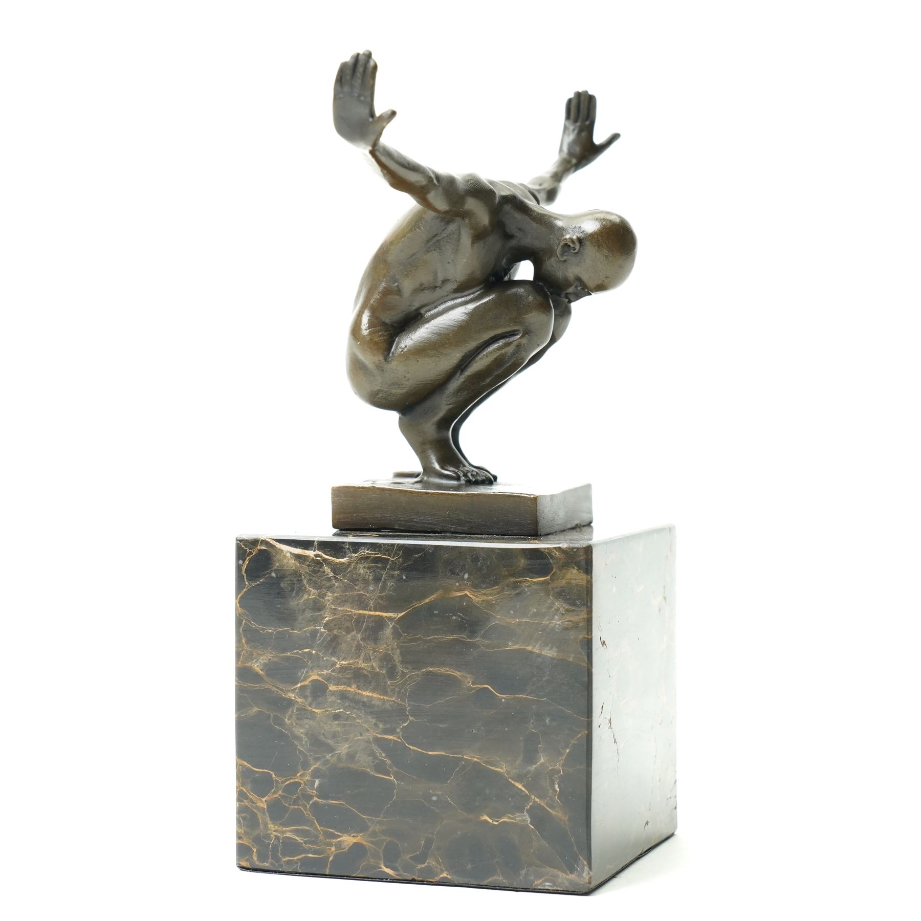 Bronze figure 'Power Of Silence', modelled as a male athlete crouched with arms outstretched, signed Milo, on black marble plinth, H15cm