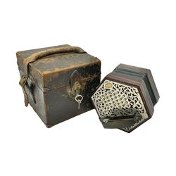 Wheatstone & Co McCann duet system concertina, no 25549, circa 1912, with fifty five metal buttons, hexagonal and chrome plated fretwork ends and six fold bellows, bearing plaque C Wheatstone & Co Inventors, Patentees & Manufacturers 15 West St, Charing X Rd, London; WC, with original case