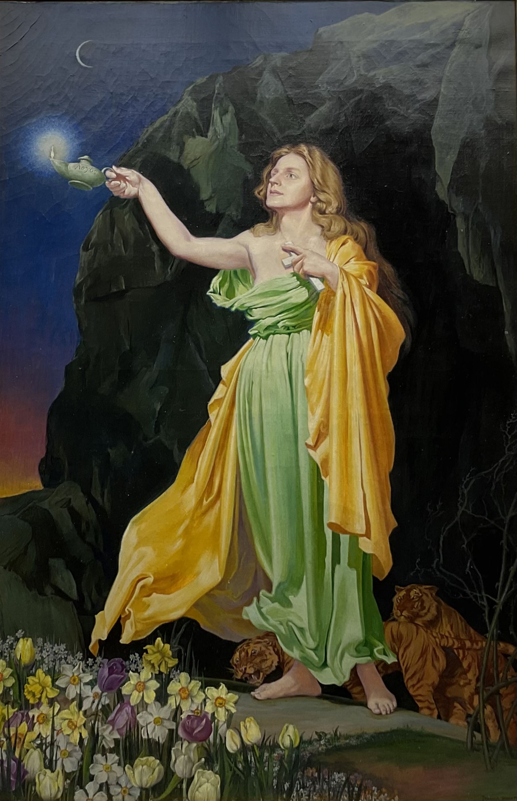 Thomas Francis Barrett AMC FRSA (British 20th century): 'Faith', oil on canvas signed and dated 1966, titled verso with artist's addresses 106cm x 71cm in Pre-Raphaelite style hand-tooled gilt gesso frame
Provenance: Royal Academy Exhibition 1968, label verso 