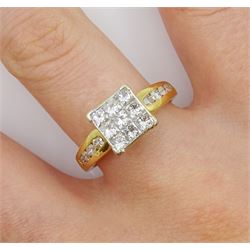 18ct princess cut diamond cluster ring, with round brilliant cut diamond shoulders, stamped 18KT, total diamond weight 1.00 carat