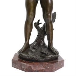 After Auguste Moreau (French 1834-1917): Large Bronze Figure of a Young Boy Playing the Aulos (Double-Reeded Pipes) standing upon a naturalistically modelled base detailed with tree stump and further pipe, signed Aug Moreau, upon octagonal red marble base, H73cm