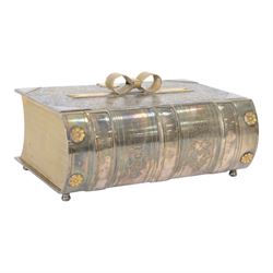 Late Victorian silver plated novelty biscuit box modelled as a presentation book, by Deykin & Sons, Birmingham, the spine engraved 'BISCUITS', the hinged cover with chased foliate decoration and mounted gilt bow secured by a gilt clasp with registration lozenge, opening to reveal a gilt interior with hinged scroll pierced grille, including bow H10.5cm W21.5cm D14.5cm