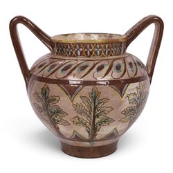 William De Morgan twin handled vase, sgraffito-decorated with turquoise and yellow trees, within a brown boarder, with a repeating floral boarder to the neck, with signed and impressed marks beneath, H21cm