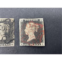 Three Great Britain Queen Victoria penny black stamps, two with red and one with black MX cancel