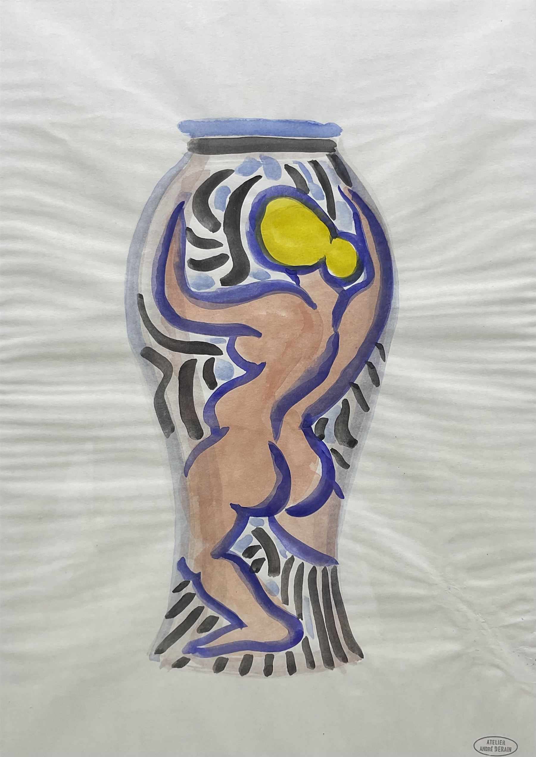 André Derain (French 1880-1954): Vase with Female Nude - probably a design for a ceramic vase, watercolour signed with studio stamp 40cm x 29cm 