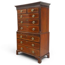  Late 18th century mahogany and inlaid chest on chest, projecting cornice above blind fret...