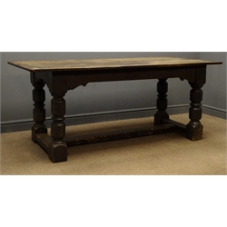  19th century oak refectory dining table, turned supports, joined by stretchers, 81cm x 185cm, H76cm  