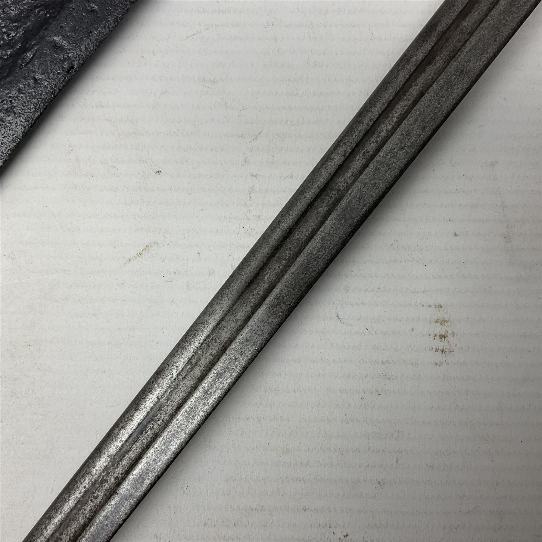 WWI Prussian S98 bayonet with 52cm fullered steel blade dated 1906 to pipeback and marked Solingen to ricasso, regimentally stamped to cross guard 56.R.11.2. for 56 Infanterie Regiment, 11 Kompanie, Waffe 2, L65cm overall; and another in battlefield relic condition (2)