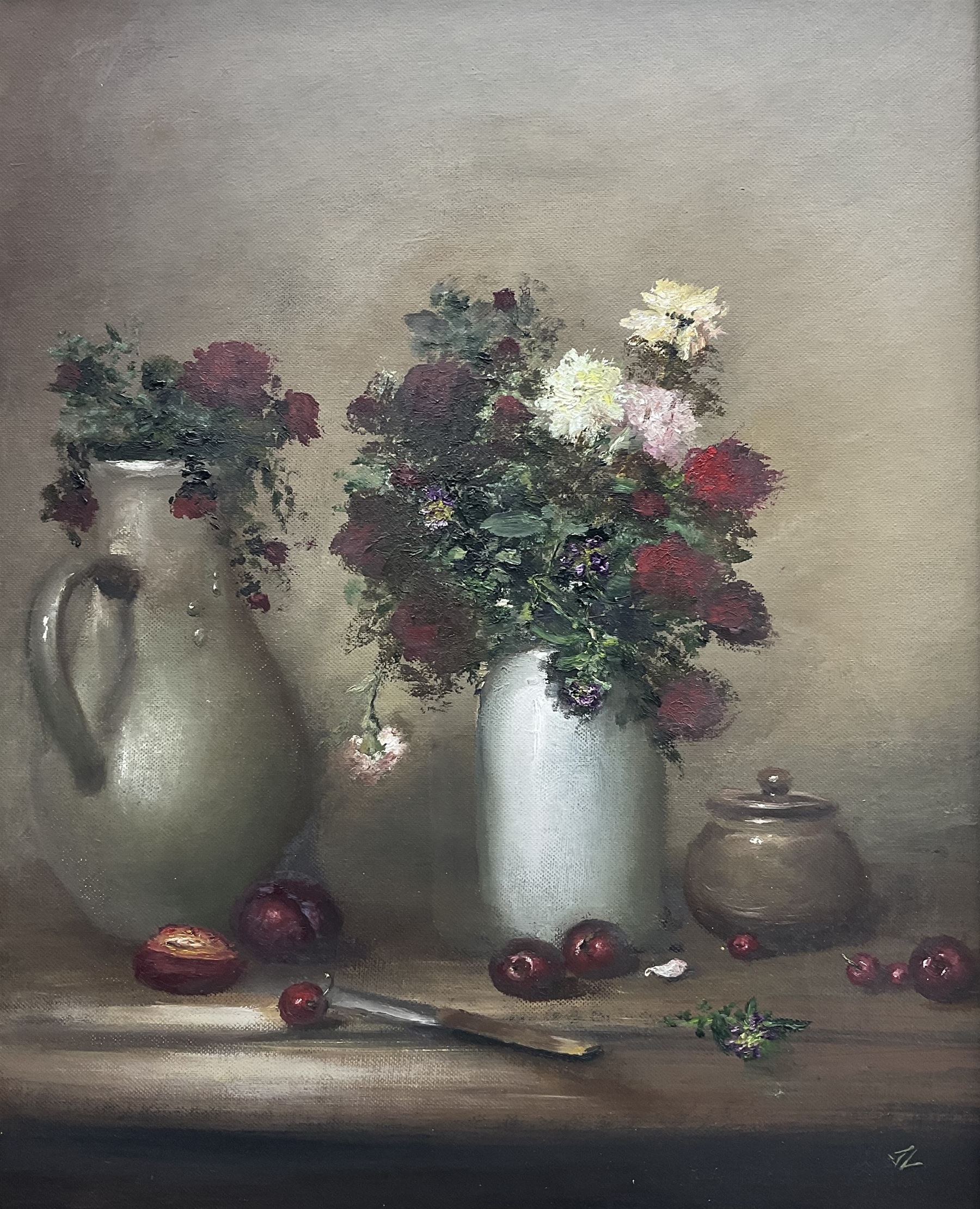 Judith Levin (British 1956-): Plums and Wilting Flowers, oil on board signed with initials 50cm x 40cm 