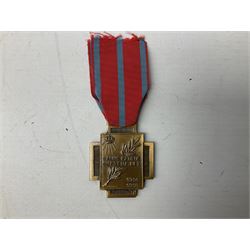 Five continental medals - WW1 Belgian Cross of Fire; WW1 French Croix De Guerre; French Croix De Combattant; French Republic Workers silver merit awarded to L. Mounet 1950; and boxed French Palmes Universitaires Officier d'Academie silver and enamel wreath (5)