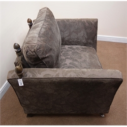  Knole drop side snuggler armchair, upholstered in a purple and grey fabric, W132cm   