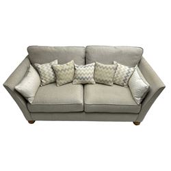 Oak Furnitureland - three-piece lounge suite upholstered in grey fabric, large three-seat sofa (W238cm, D106cm), two-seat sofa (W209cm), and snuggler sofa (W129cm)