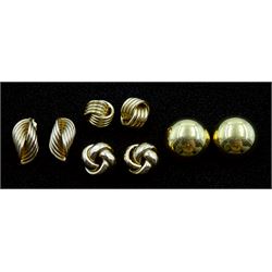 Two pairs of gold knot design stud earrings and two other pairs of gold stud earrings, all 9ct, hallmarked or tested 