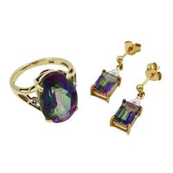 Gold oval Mystic topaz ring and similar pair of gold stud earrings, both 9ct hallmarked or stamped