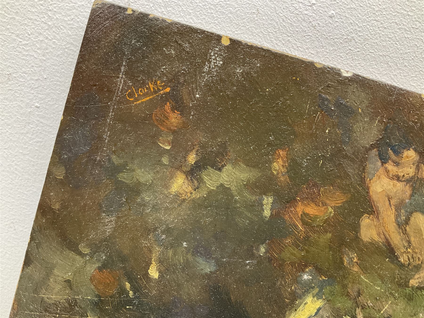 Richard Edward Clarke (British 1878-1954): 'The Haunted Orchard', oil on panel signed, original title label with artist's Scarborough address verso 35cm x 51cm (unframed) 
Notes: Clarke, born in Scarborough, studied under Albert Strange at the Art School where later he became acting Headmaster, also teaching at Pickering Grammar School.