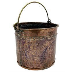 19th century riveted copper and brass mounted coal bucket of cylindrical form 