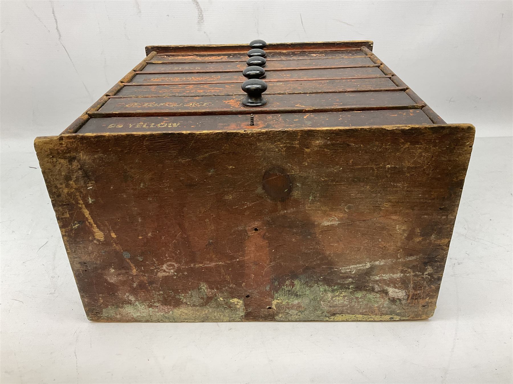 Early 20th Century Dewhurst table top chest, decorated with gilded 'Dewhurst's Sylko Machine Twist Strong Lustrous' lettering above six long drawers with names and numbers of cotton also detailed in gilt, H39cm