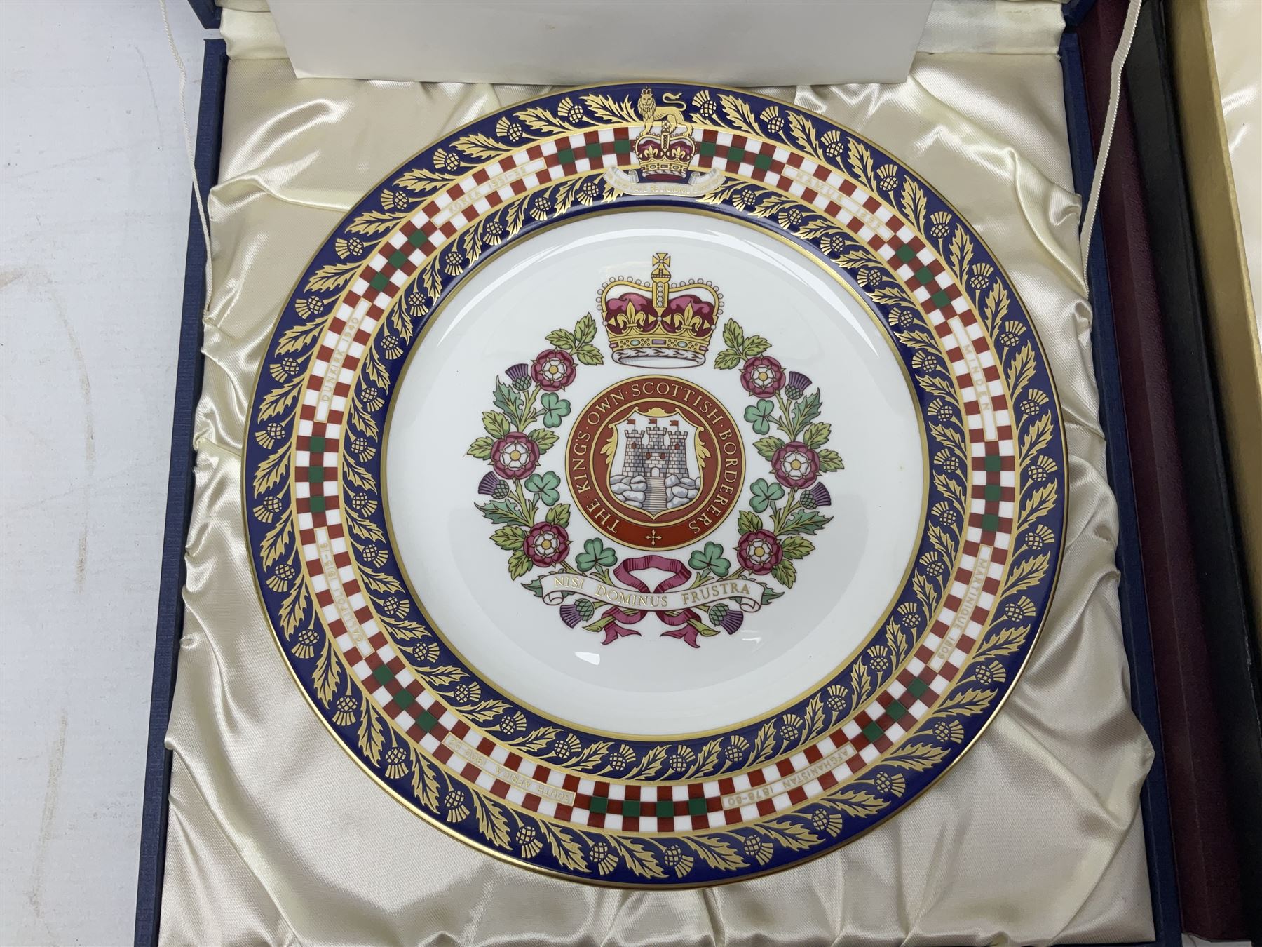 Five Spode Mulberry Hall limited edition Regimental commemorative plates - Argyll & Sutherland Highlanders No.9/500; Cheshire Regiment No.352/500; Kings Own Scottish Borderers No.113/500; Black Watch Royal Highland Regiment No.331/500; and Royal Welch Fusiliers No.309/500; all boxed with certificates (5)