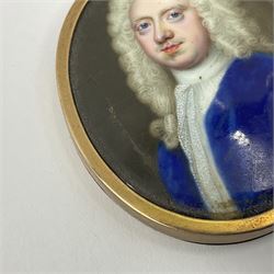 In the manner of Christian Zincke (German 1683-1767)
Portrait miniature upon enamel, circa 1750
Head and shoulder portrait of a gentleman in blue coat, possibly George II 
Within 9ct gold frame with ivory panel verso
Oval 4.5cm x 3.5cm

This item has been registered for sale under Section 10 of the APHA Ivory Act