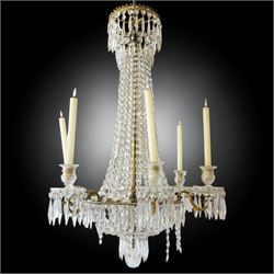 Regency Country House cut-glass and ormolu six light chandelier, the outer shaft with ormo...