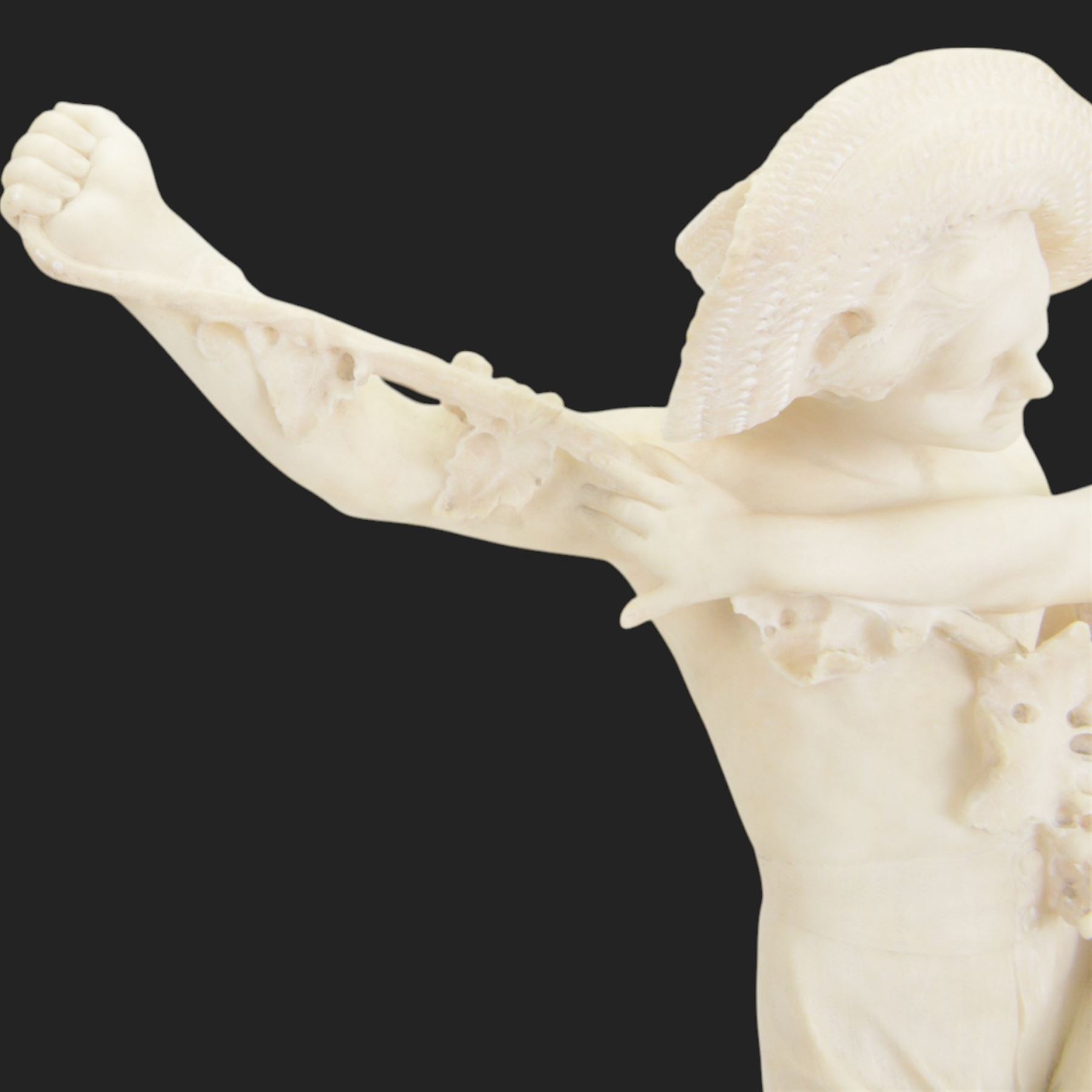 Alabaster bacchanalian figure group, modelled as two youths dancing entwined with a fruiting vine, the separate base signed D E Fiaschi, H58cm