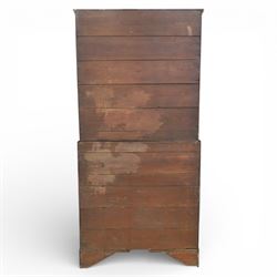 18th century oak press cupboard on chest, the moulded cornice above a pair of fielded panel doors enclosing shelved interior, the base fitted with four long graduated drawers with brass swan neck handles and shaped escutcheons, raised on bracket feet