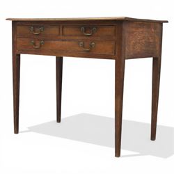 George III oak side table, with rectangular banded top, fitted with two short over three drawers, with brass swan neck handles, raised on square tapering supports