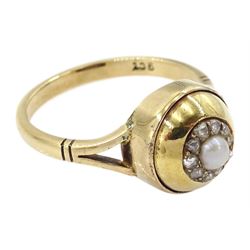 Early 20th century gold old cut diamond and pearl cluster ring, stamped