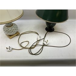 Italian ceramic table lamp decorated with geometric green and black pattern on white ground with gilt metal square plinth base, together with a green and black marbled effect lamp by Holkham pottery, both with shades, tallest H47 incl shade