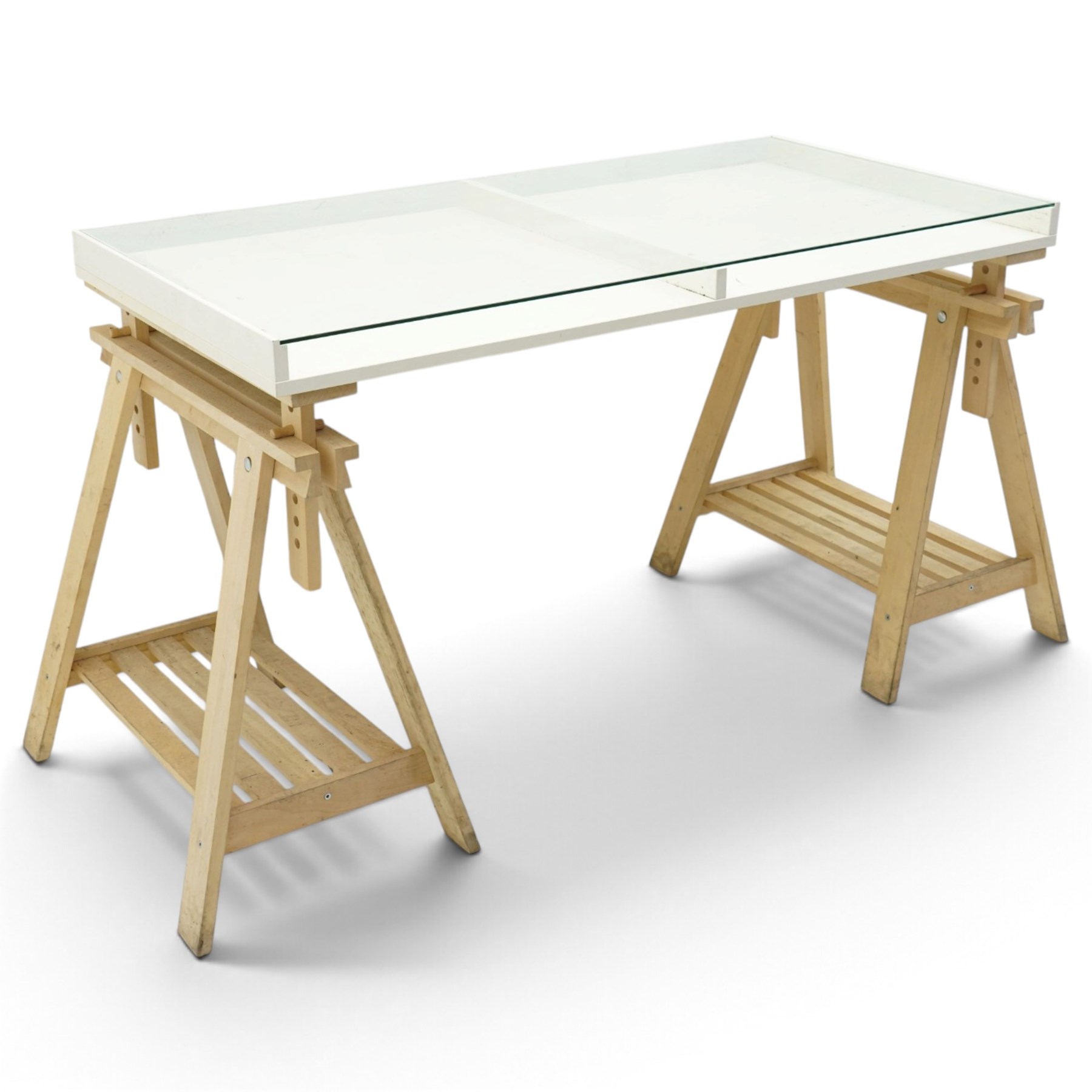 IKEA - Vika Gruvan trestle table, glass and white top raised on beech adjustable supports