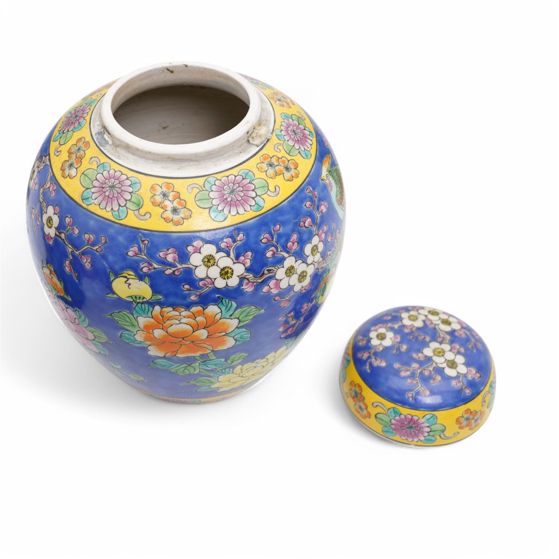 20th century Japanese jar and cover decorated with birds and flowers on a blue ground H24cm, pair of floral decorated cloisonne vases H32cm and a cloisonne pot pourri with pierced cover 