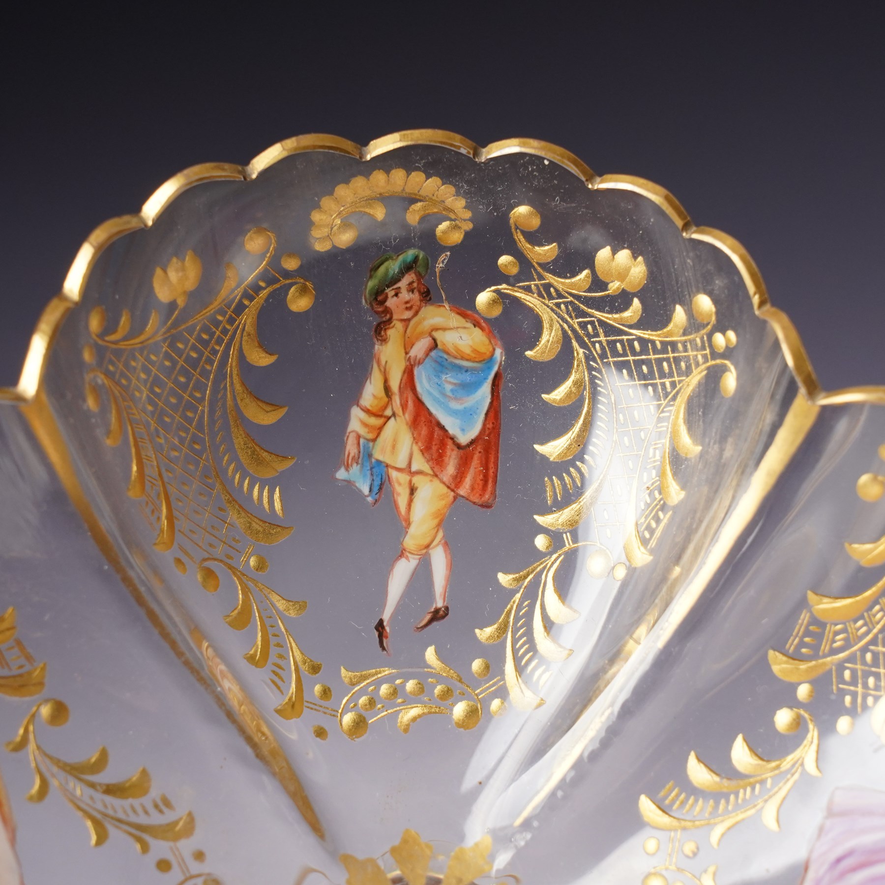Lobmeyr style tazza, of quatrefoil form with painted enamel figures, H12cm 