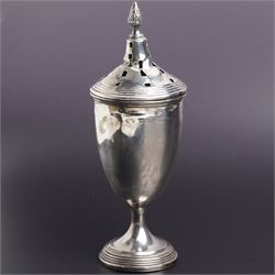 Silver urn shape sugar caster on pedestal foot Birmingham 1923, engraved silver vesta case and asilver pepperette