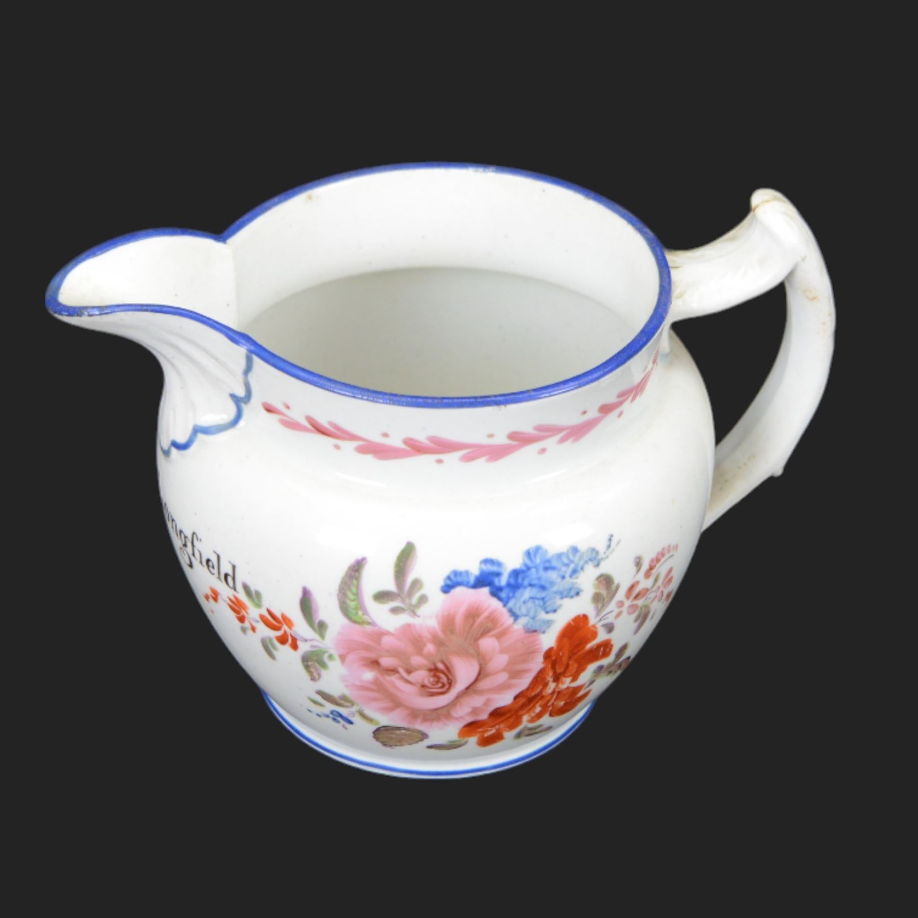 19th century and later ceramic jugs, including small Royal Crown Derby example, painted with florals and gilt leaves, Adams Jasperware Hull jug with town crest, floral KPM example and a Georgian example inscribed Joshua Longfield 1921, etc, tallest H12cm