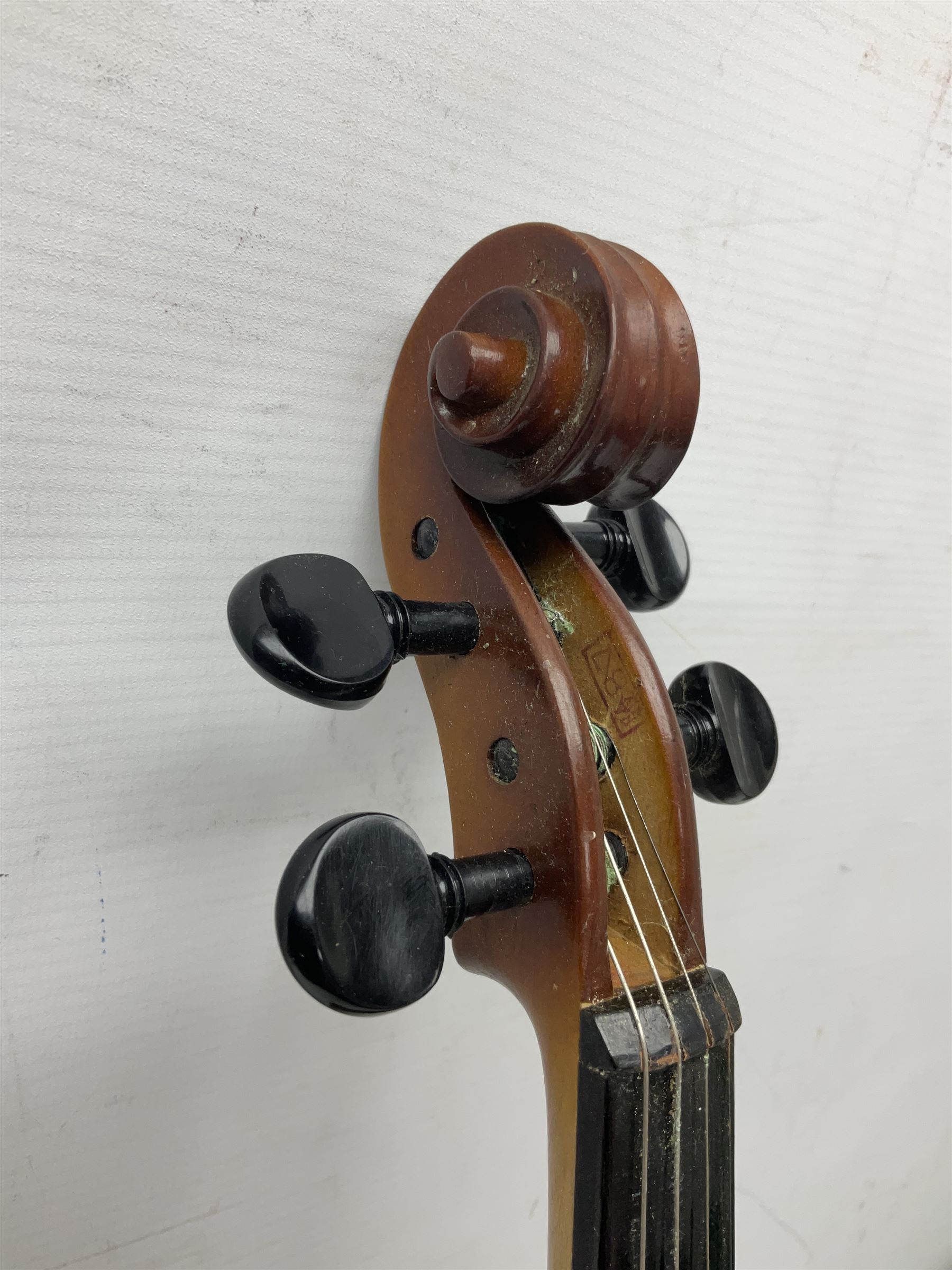 Chinese Parrot violin with 35.5cm two-piece back; L59.5cm in carrying case; and early 20th century German violin for restoration; bears label 'Antonius Stradivarius Faciebat Anno 1730'; cased with bow (2)