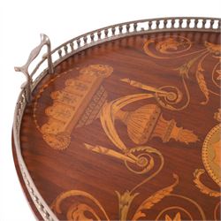 19th century inlaid mahogany tray, decorated with rams heads and floral sprigs, with priced metal boarder, L68cm 