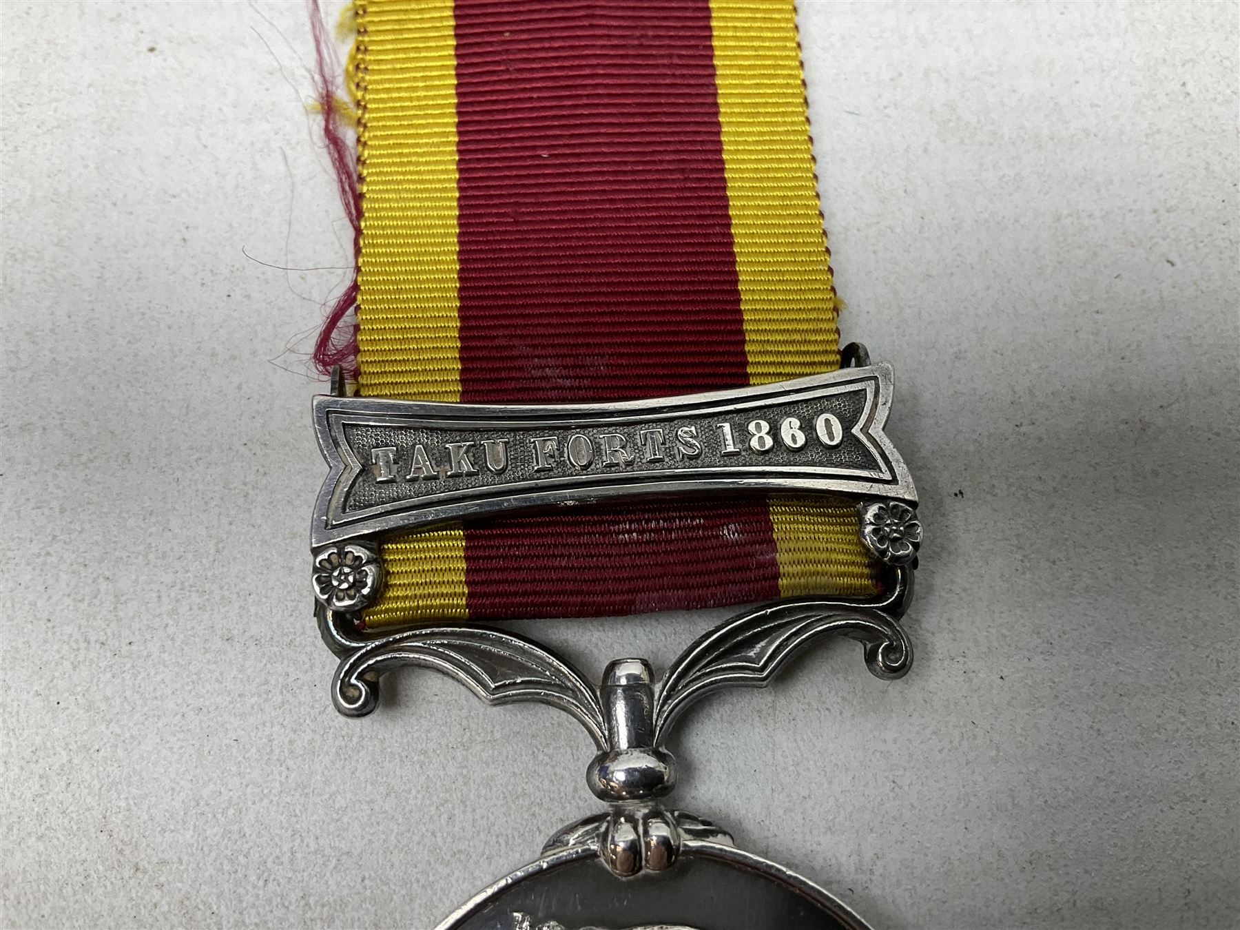 Victoria Second China War Medal, unnamed, with Taku Forts 1860 clasp and ribbon