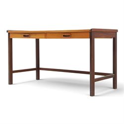 Danish mid-20th century teak small console table, fitted with two baize lined drawers, raised on square supports united by stretchers