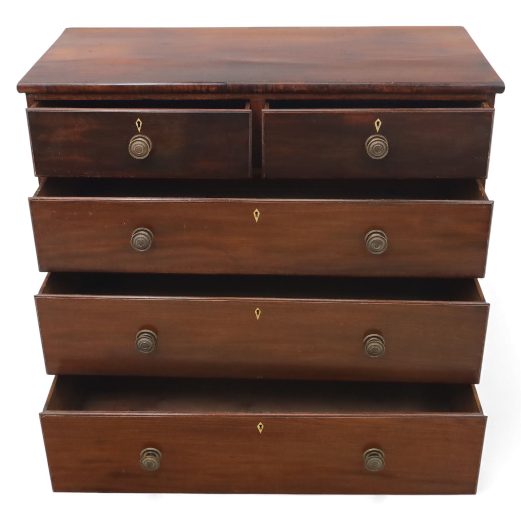 19th century mahogany chest, with a rectangular top over two short and three long graduated drawers fitted with turned knobs and bone escutcheons, raised on shaped bracket feet
