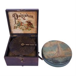 German late 19th century Polyphon, in a mahogany finished case with floral decoration to c...