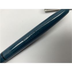 Three fountain pens, to include Conway Stewart 'Dinkie 550' and 'Conway 57' and a Parker 'Slimfold', all with 14ct gold nibs, together two roller ball pens, including a Parker example and a Swarovski Crystal paperweight