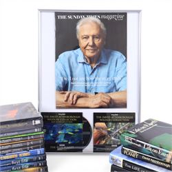 David Attenborough memorabilia, including framed montage of a Sunday Times Magazine cover and two DVD sleeves, one signed, books including first editions, DVDs and Audio CDs