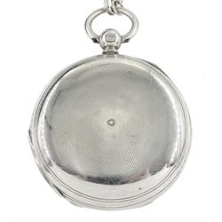 Victorian silver full hunter pocket watch by Grantham, London, No. 55473, white enamel dial with Roman numerals,  case by William Hammon, London 1885, on silver Albertina chain, stamped sterling