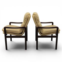 Dyrlund - pair of visitor chairs, solid Santos rosewood frame, rounded edges and broad armrests, seat and backrest with a removable cream leather over-stuffed cushions