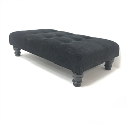 Rectangular footstool, upholstered in buttoned black fabric, turned supports, W97cm, H26cm, D57cm  