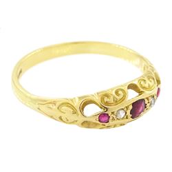 18ct gold ruby and diamond ring, five alternate round cut rubies and rose cut diamonds, in a scroll design setting, Sheffield 2004