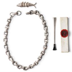Victorian silver book chain necklace with alternate engraved links, articulated fish penda...